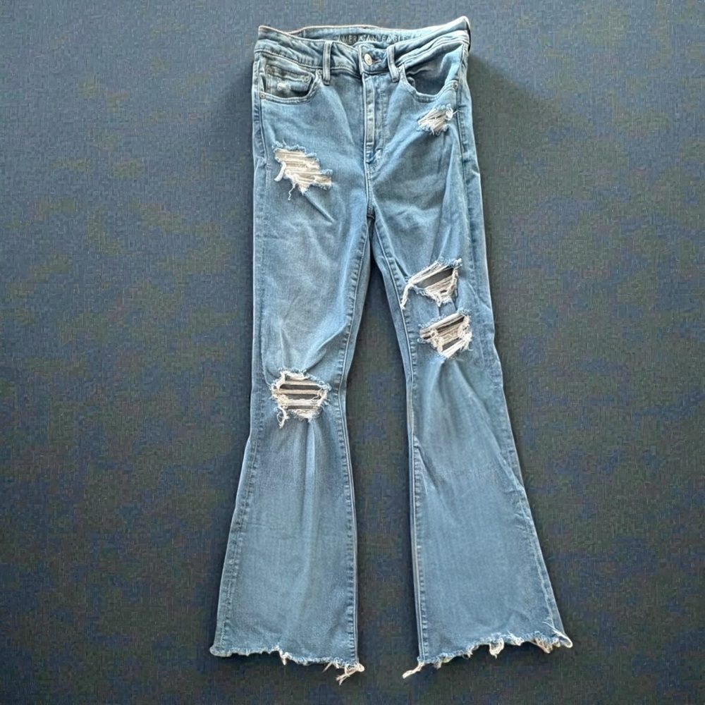 American Eagle Jeans Women Flared High Rise Distressed Stretch Denim Sz 6 - Picture 2 of 16